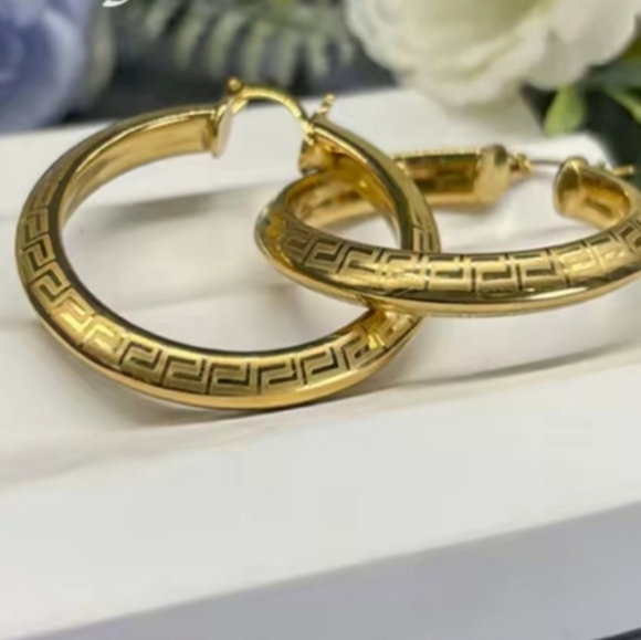 18k Gold Plated Luxury Greek Key Hoop Earrings - Picture 3 of 5